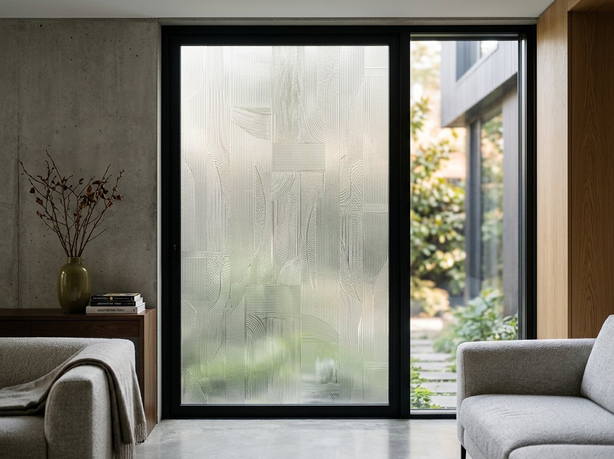 Photorealistic architectural designer textured glass in black window frame