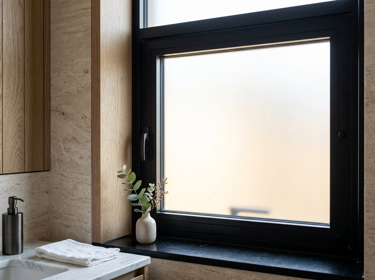 Photorealistic frosted glass window in luxury modern bathroom