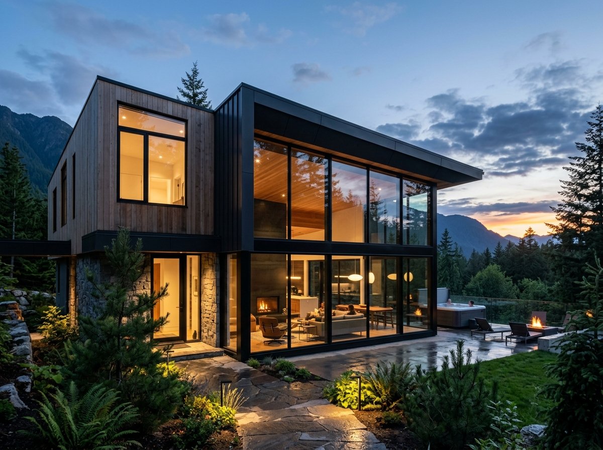 Modern luxury residence featuring triple-glazed black architectural windows